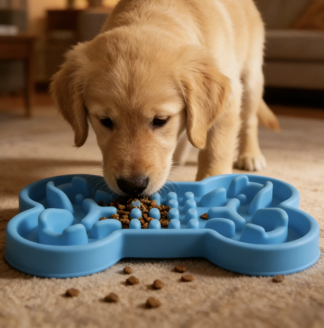 Gamelle lente en silicone en forme d’os pour chien et chat