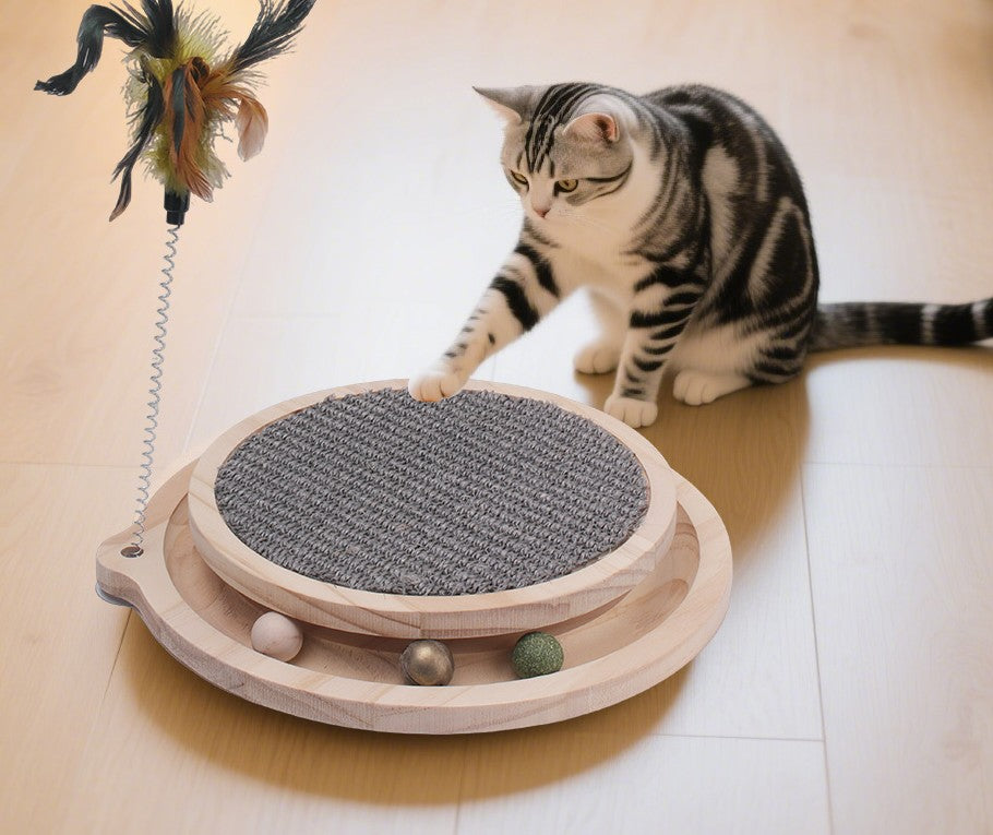 Jouet interactif avec griffoir et plumes en bois pour chat