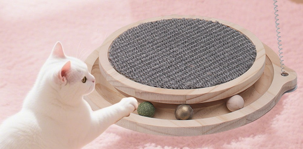 Jouet interactif avec griffoir et plumes en bois pour chat