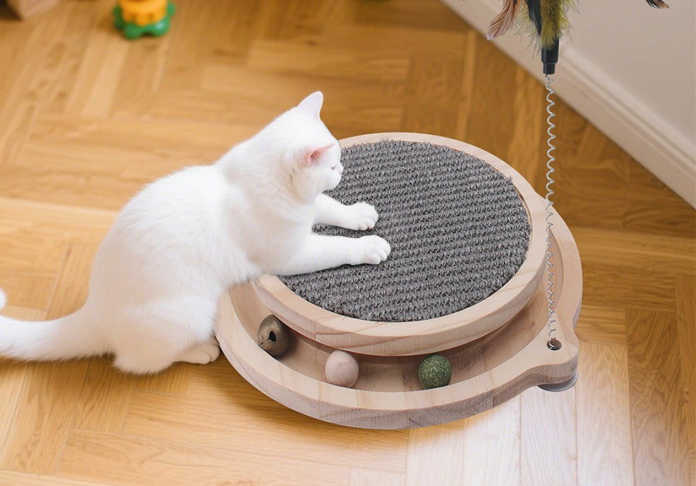 Jouet interactif avec griffoir et plumes en bois pour chat