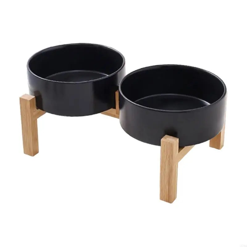 Set support en bois surélevé avec bol en céramique pour chiens et chats