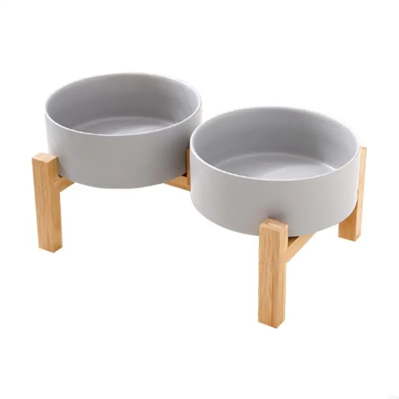 Set support en bois surélevé avec bol en céramique pour chiens et chats