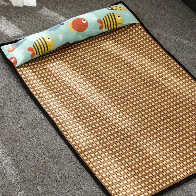 Tapis rafraîchissant été en rotin avec oreiller – Chat & petit chien