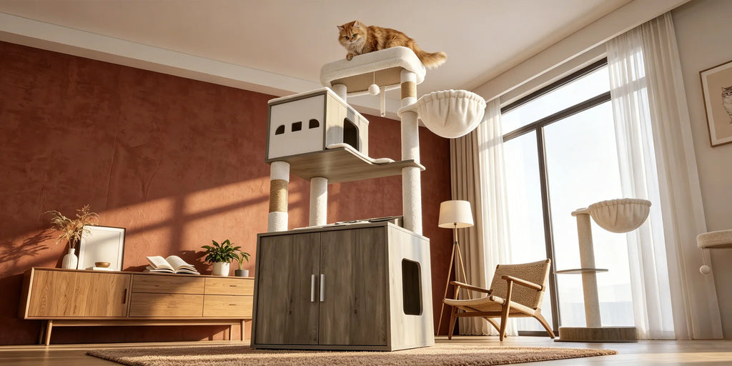 Arbre à chat multifonction avec meuble litière