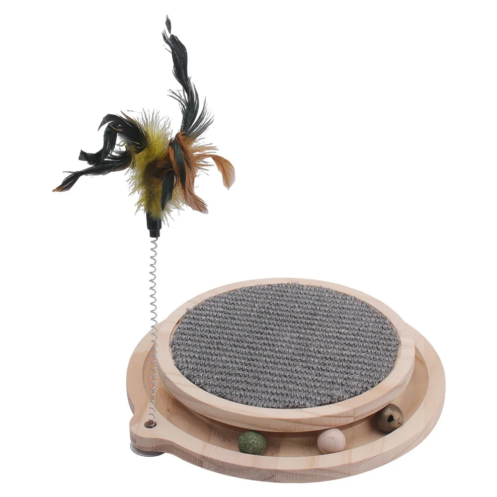 Jouet interactif avec griffoir et plumes en bois pour chat