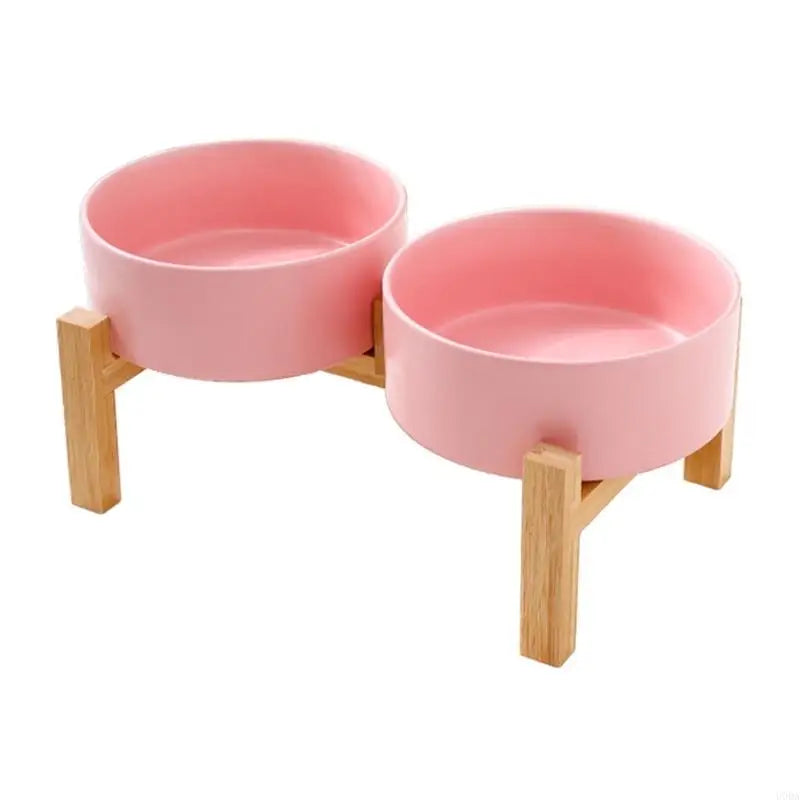 Set support en bois surélevé avec bol en céramique pour chiens et chats