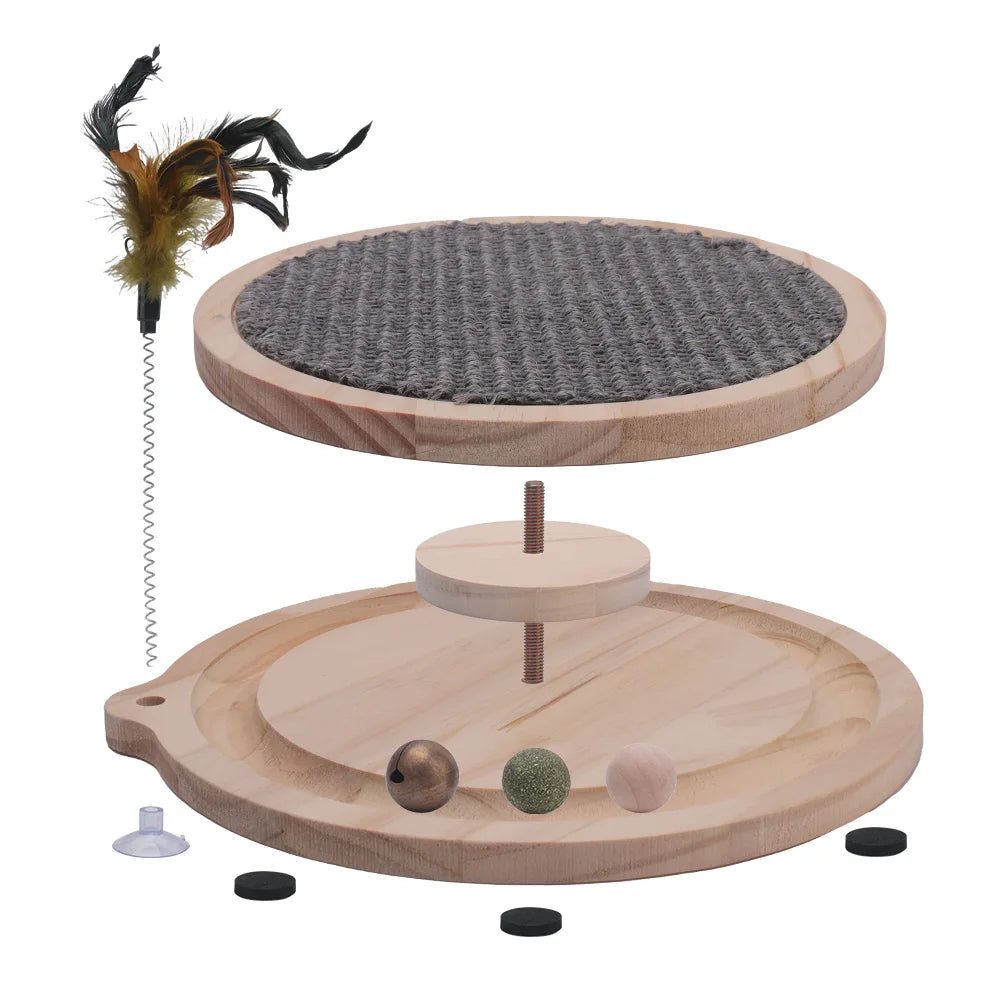 Jouet interactif avec griffoir et plumes en bois pour chat