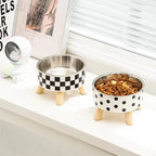 Bol surélevé à pois ou à damier en acier inoxydable pour chien & chat