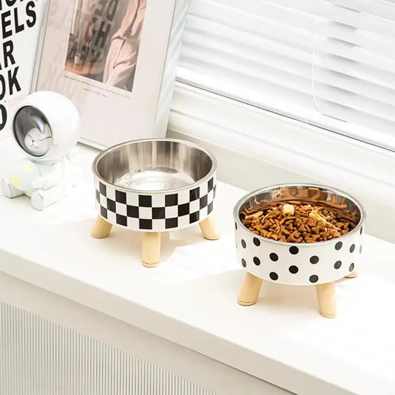 Bol surélevé à pois ou à damier en acier inoxydable pour chien & chat