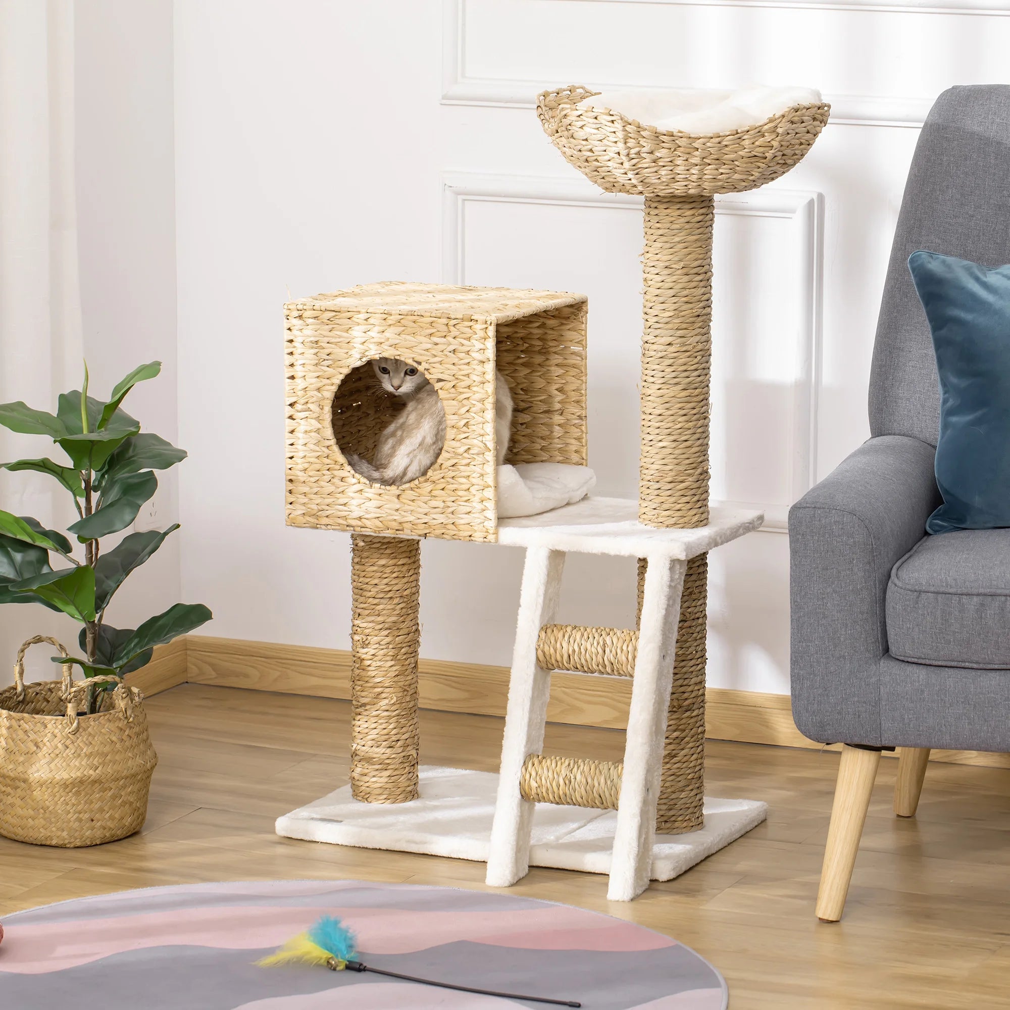 Arbre à chat en rotin naturel avec niche et lit supérieur