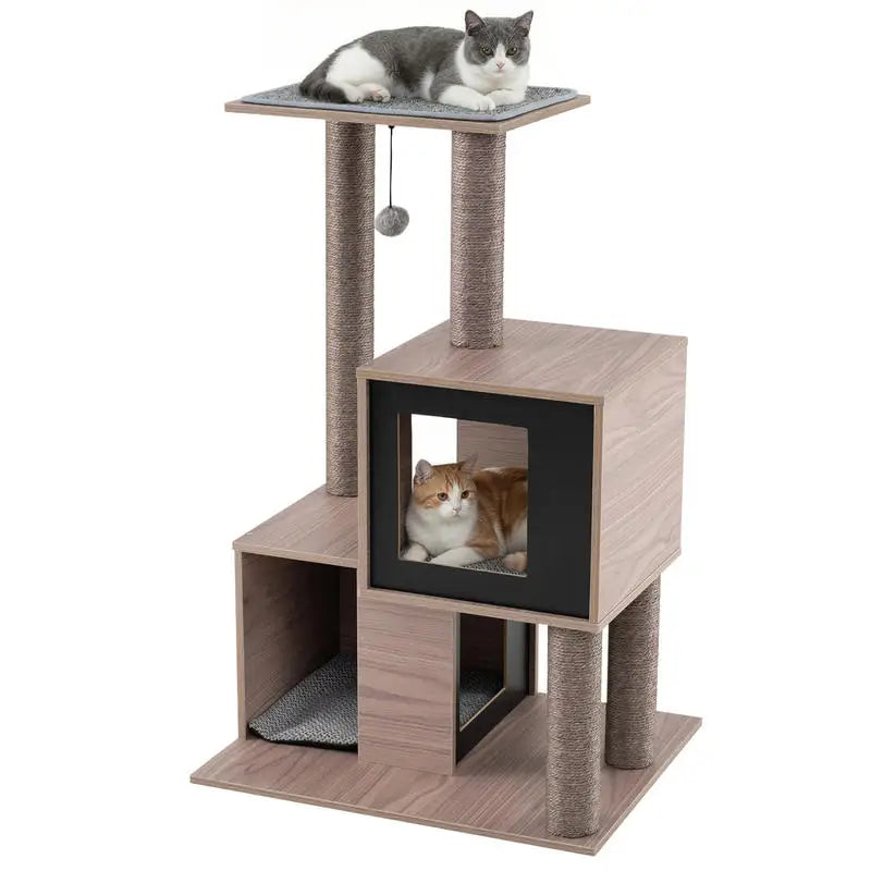 Arbre à chat en bois avec niches et griffoirs - chat