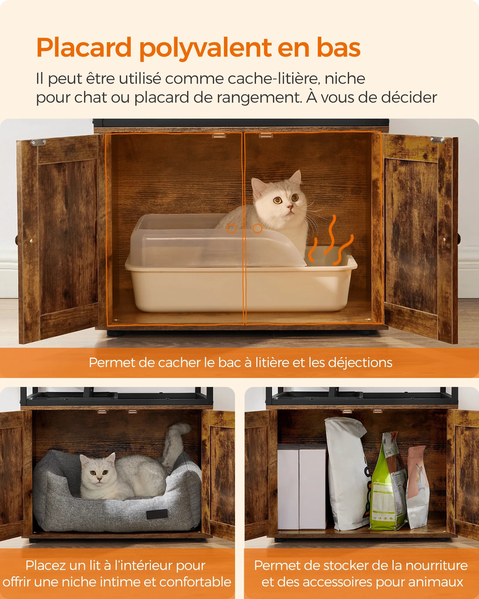 Arbre à chat multifonction avec cache-litière et gamelles surélevées