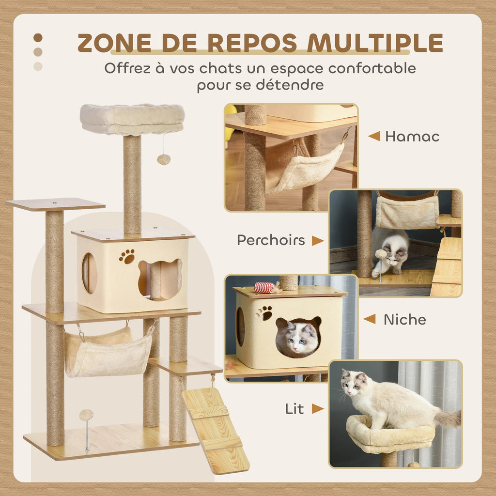 Arbre à chat en bois avec hamac et niche - chat