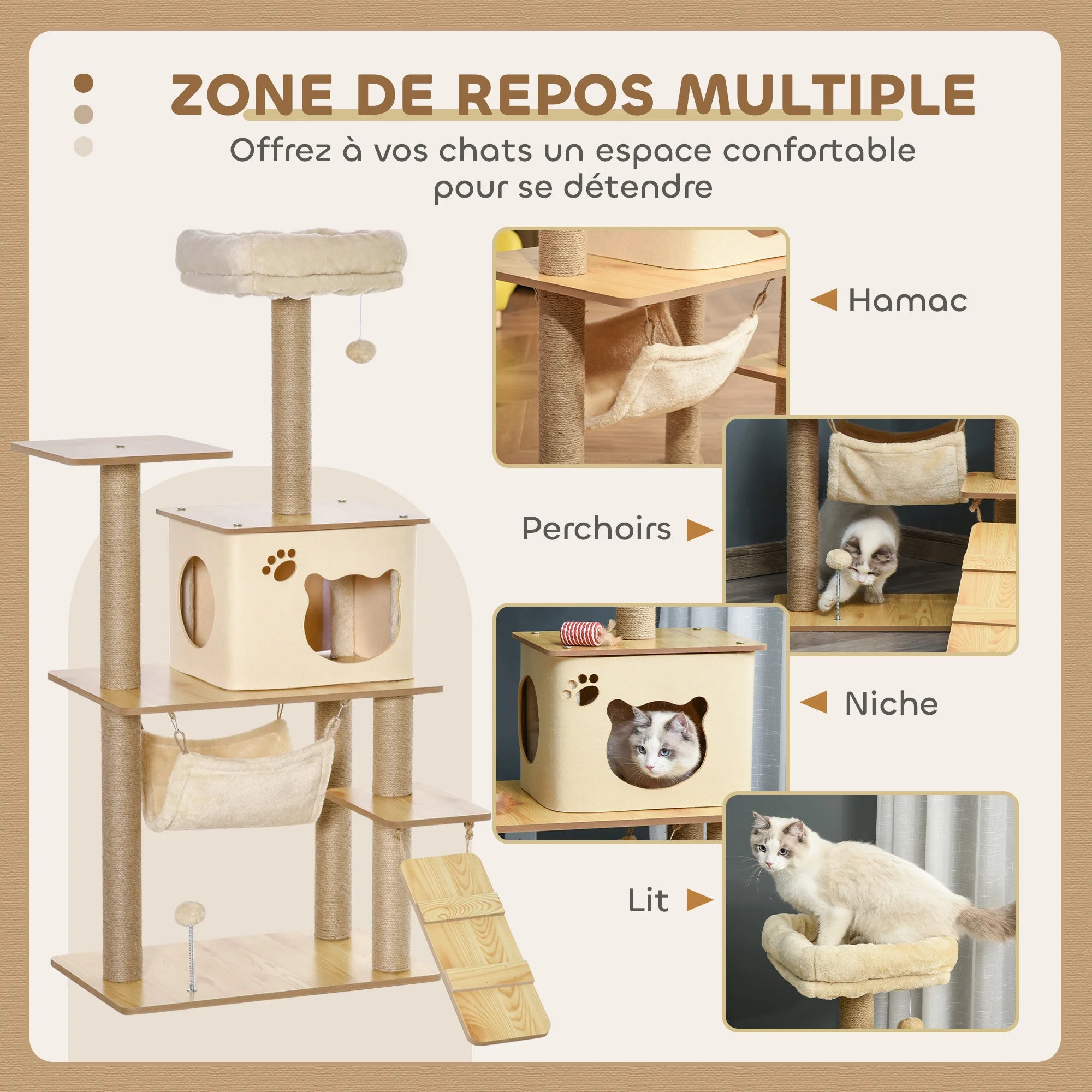 Arbre à chat en bois avec hamac et niche - chat