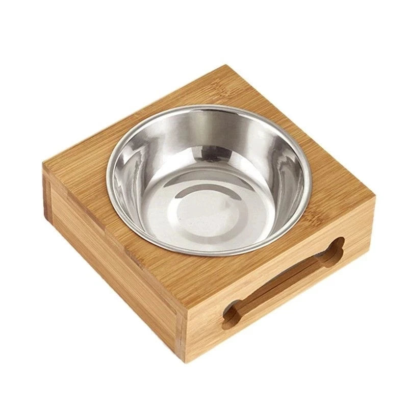 Gamelle en bambou avec bol inox - chien & chat