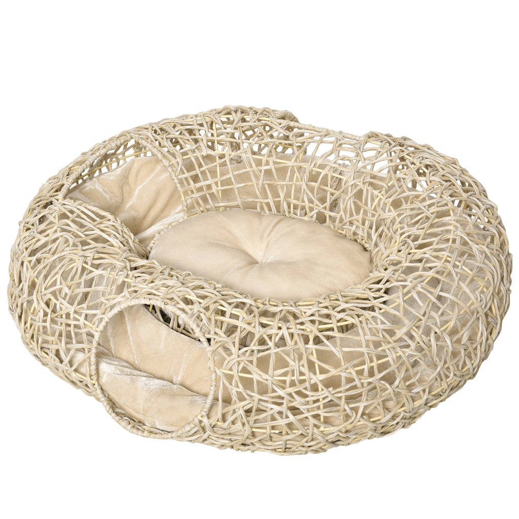Panier tunnel en rotin avec coussin pour chat