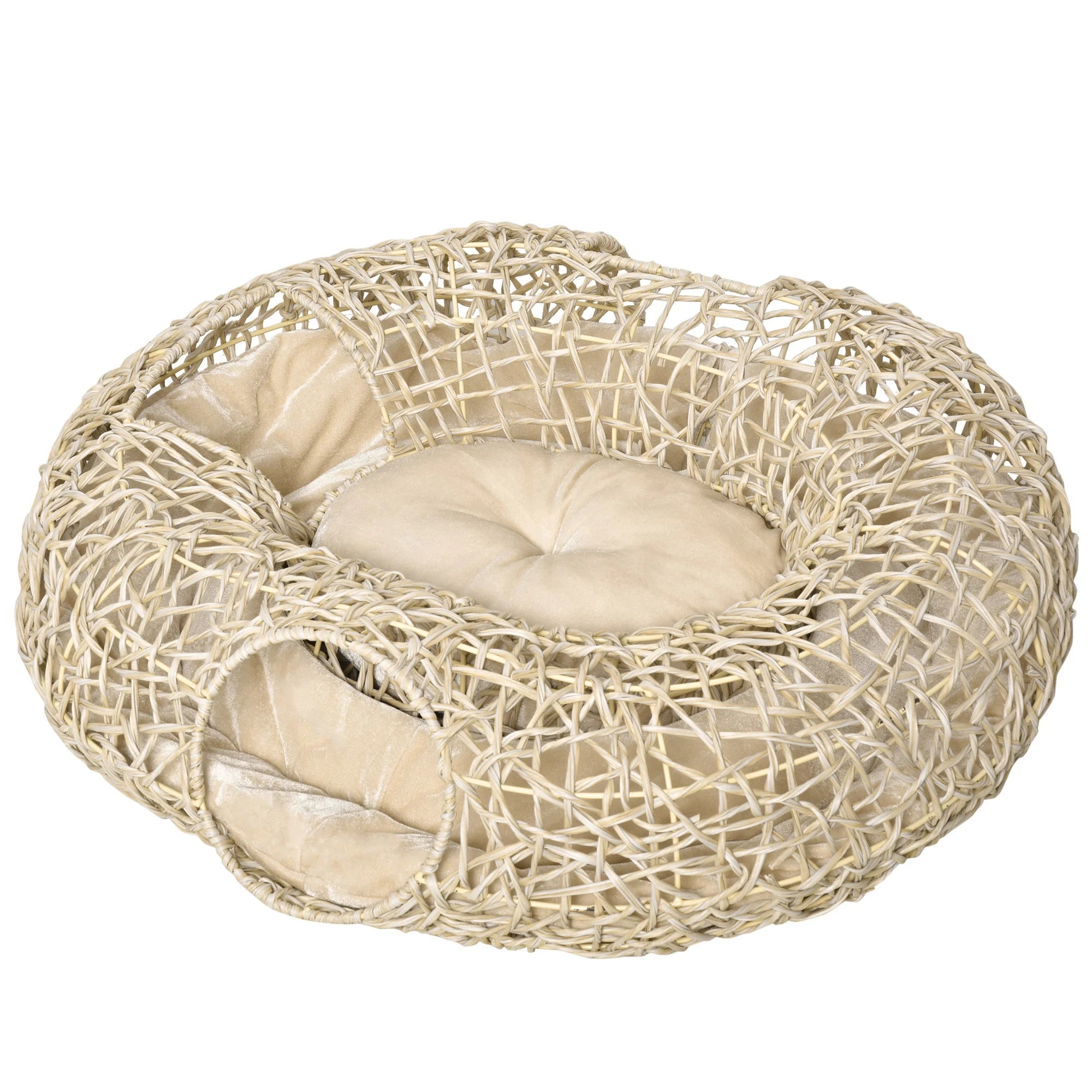 Panier tunnel en rotin avec coussin pour chat