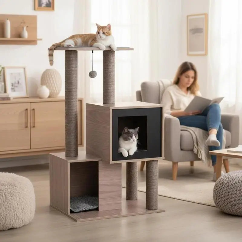 Arbre à chat en bois avec niches et griffoirs - chat