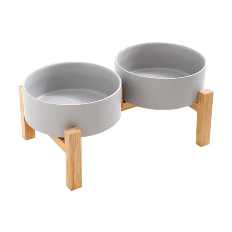 Set support en bois surélevé avec bol en céramique pour chiens et chats
