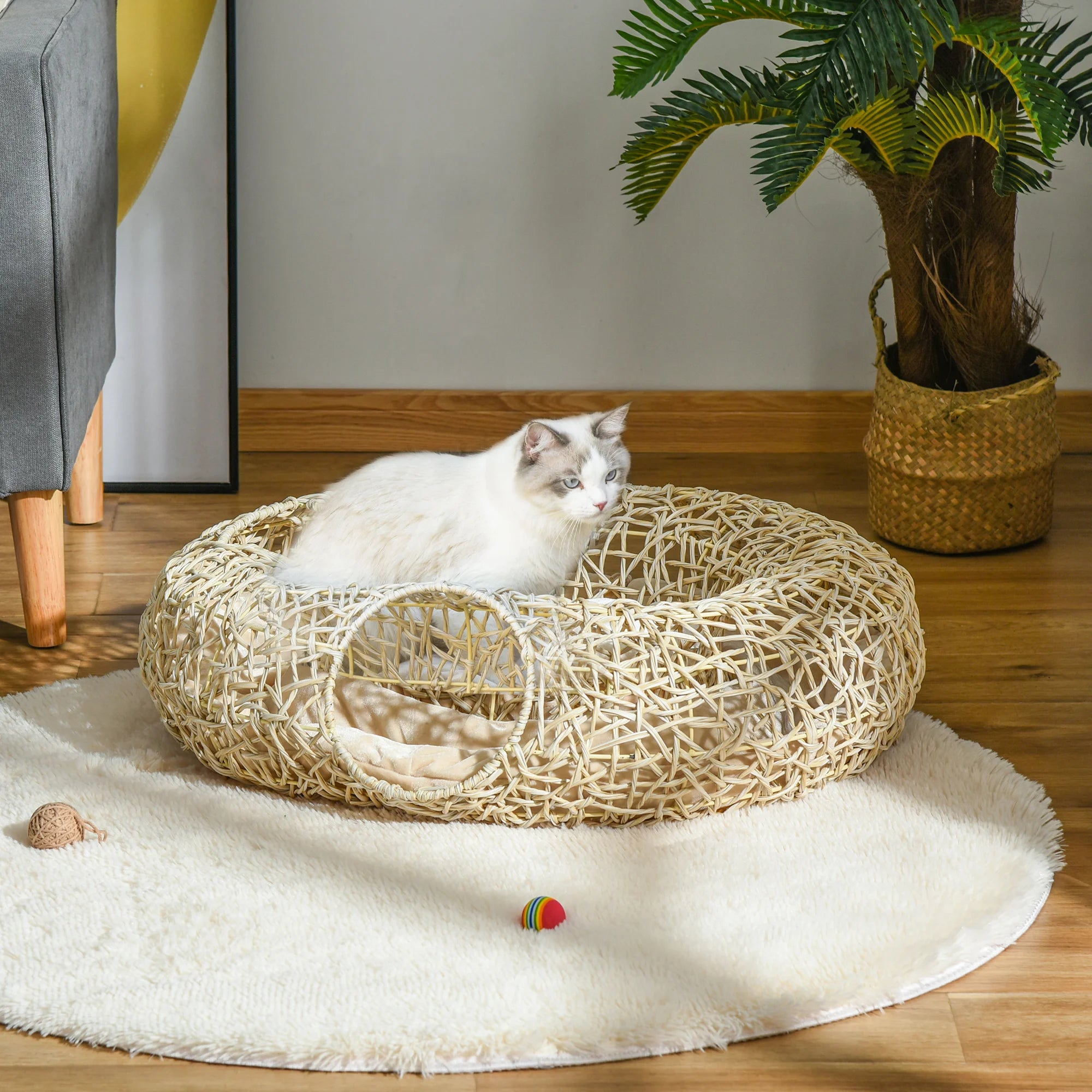 Panier tunnel en rotin avec coussin pour chat