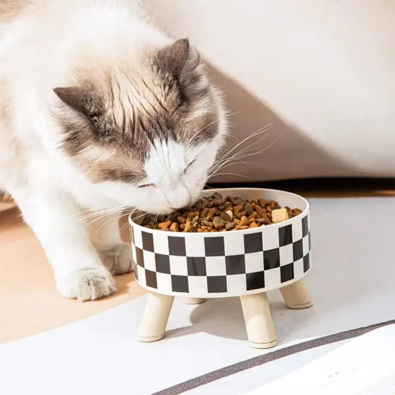 Bol surélevé à pois ou à damier en acier inoxydable pour chien & chat