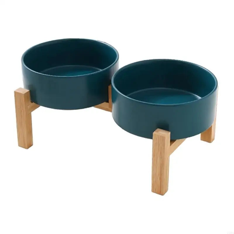 Set support en bois surélevé avec bol en céramique pour chiens et chats