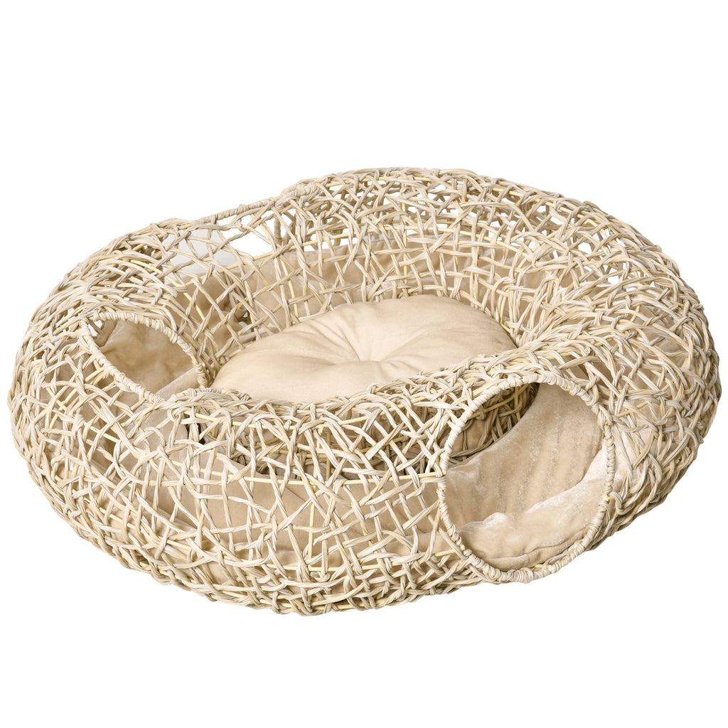 Panier tunnel en rotin avec coussin pour chat