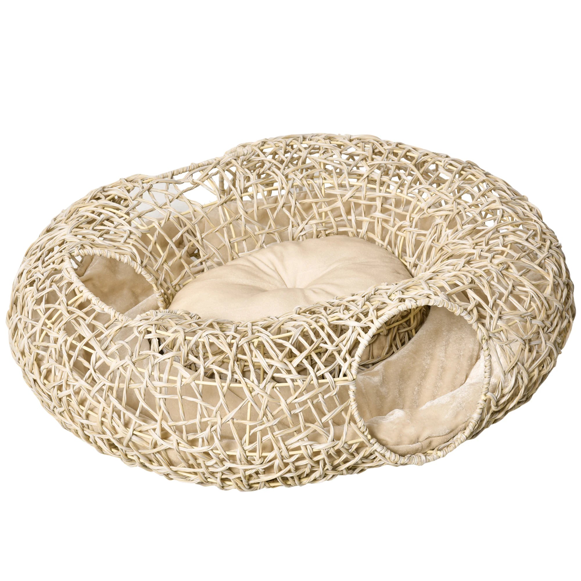 Panier tunnel en rotin avec coussin pour chat