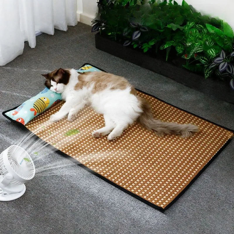 Tapis rafraîchissant été en rotin avec oreiller – Chat & petit chien
