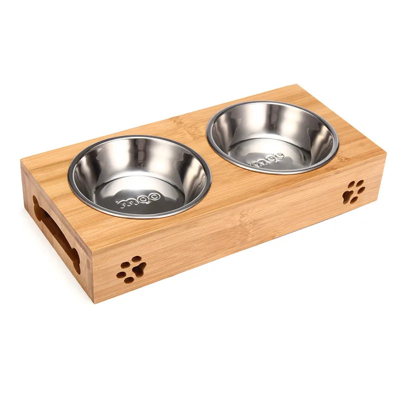 Gamelle en bambou avec bol inox - chien & chat