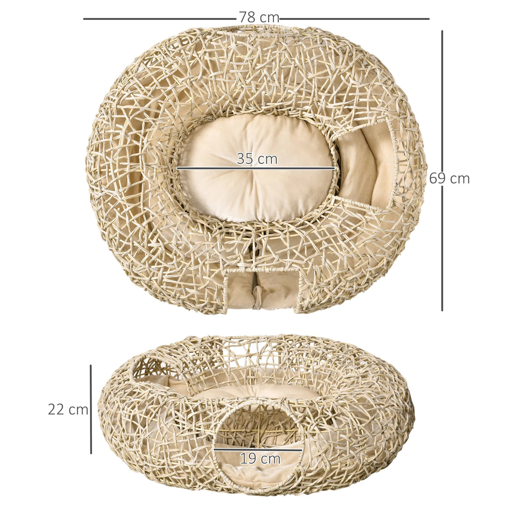 Panier tunnel en rotin avec coussin pour chat