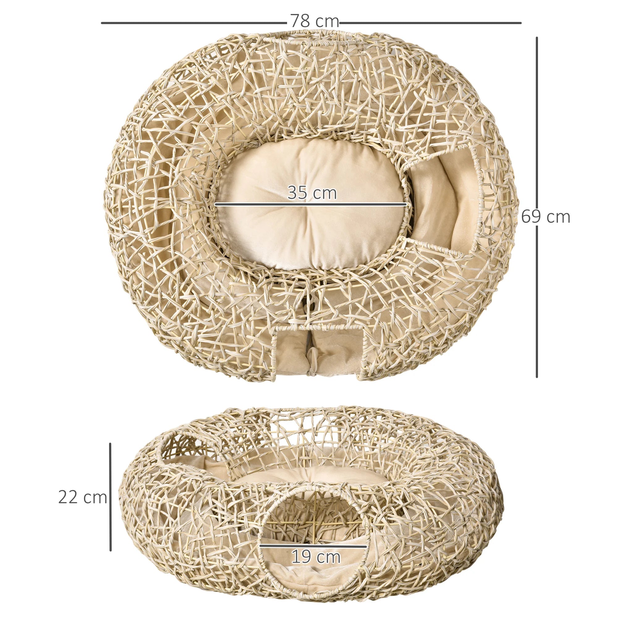 Panier tunnel en rotin avec coussin pour chat