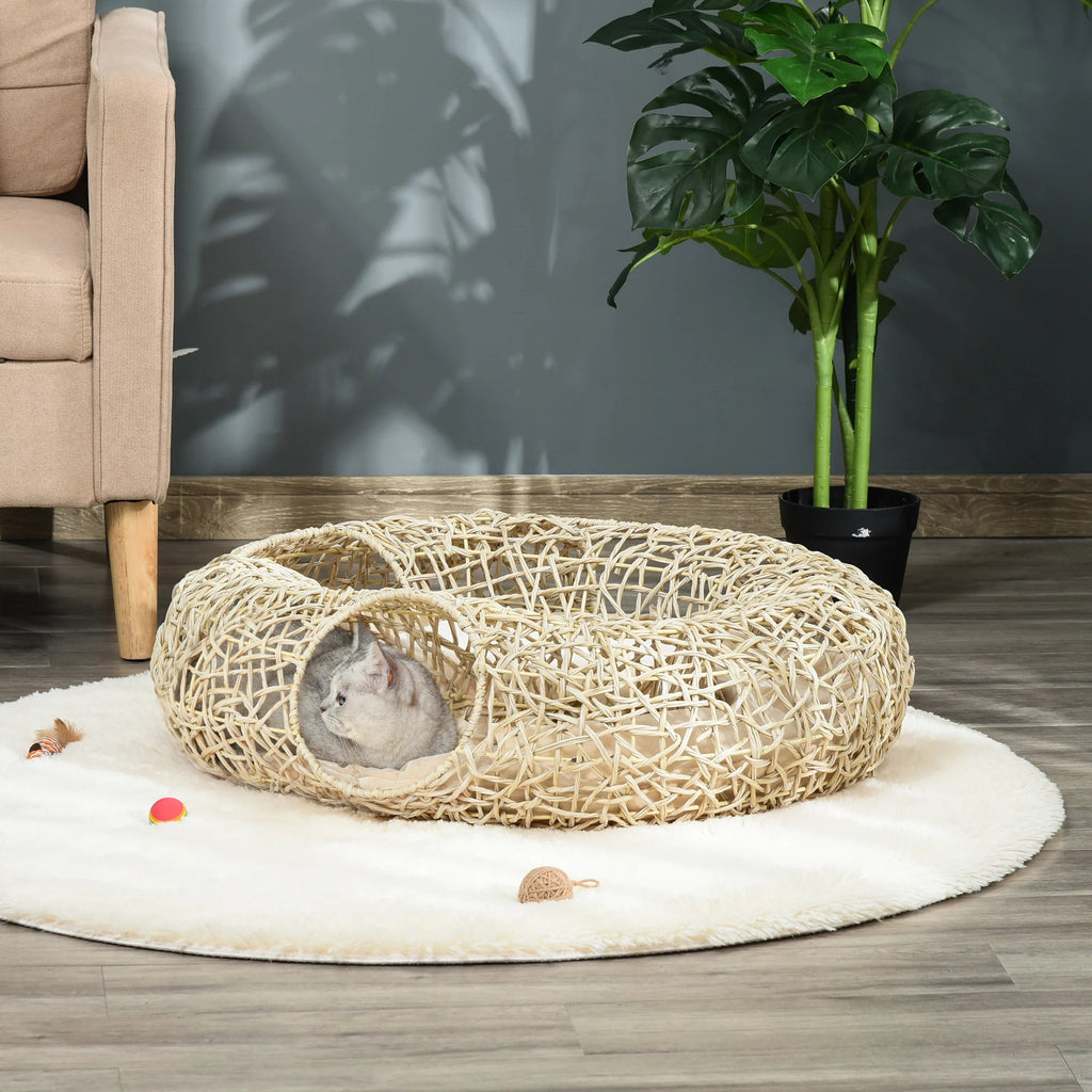 Panier tunnel en rotin avec coussin pour chat