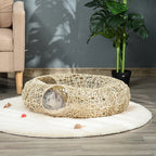 Panier tunnel en rotin avec coussin pour chat