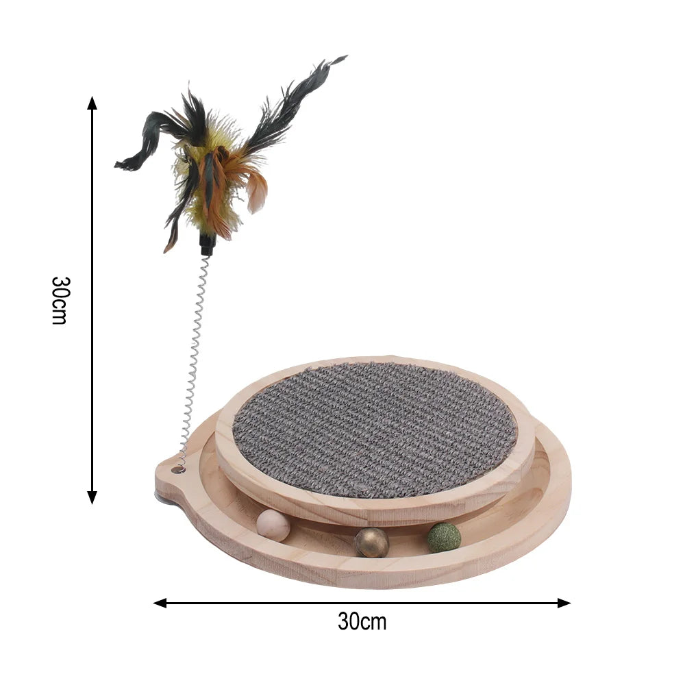 Jouet interactif avec griffoir et plumes en bois pour chat
