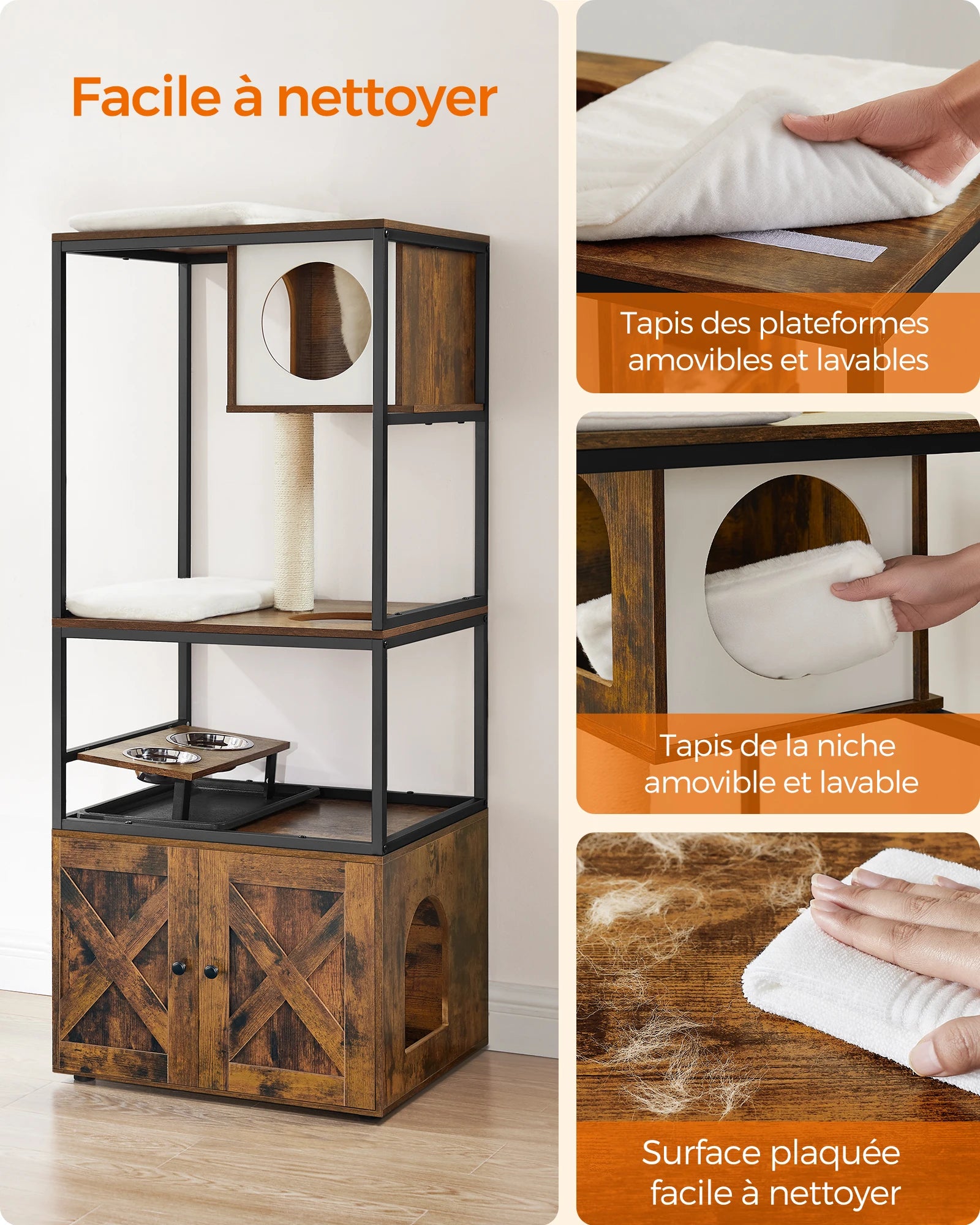 Arbre à chat multifonction avec cache-litière et gamelles surélevées