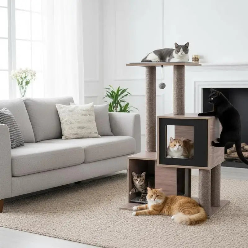 Arbre à chat en bois avec niches et griffoirs - chat