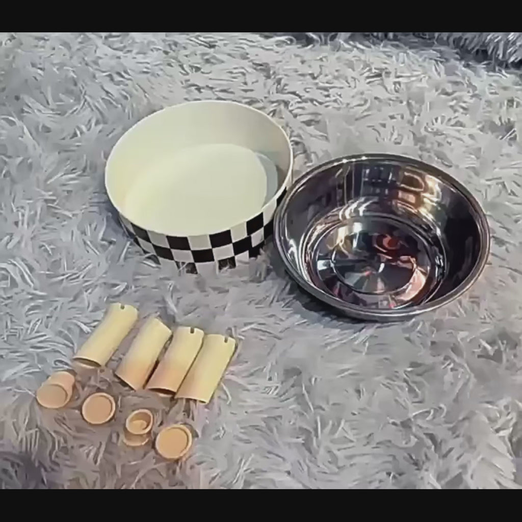 Bol surélevé à pois ou à damier en acier inoxydable pour chien & chat